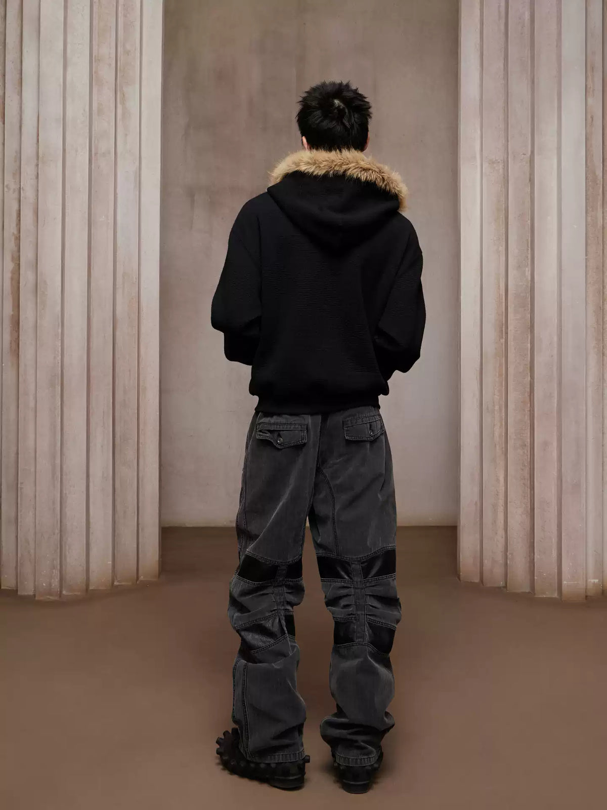 Heavy Washed Faux Leather-Panel Cargo Jeans - image 5 of 5