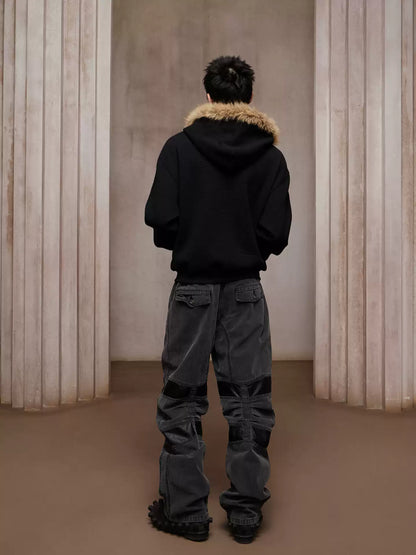 Heavy Washed Faux Leather-Panel Cargo Jeans - image 5 of 5