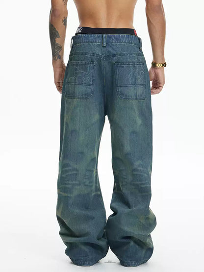 Laser Burning Ocean Straight Leg Jeans - image 2 of 5