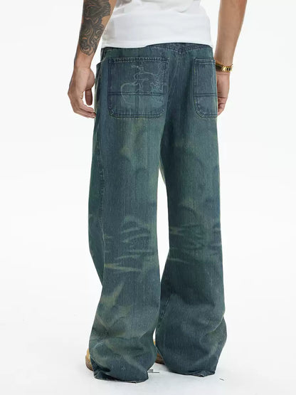 Laser Burning Ocean Straight Leg Jeans - image 3 of 5