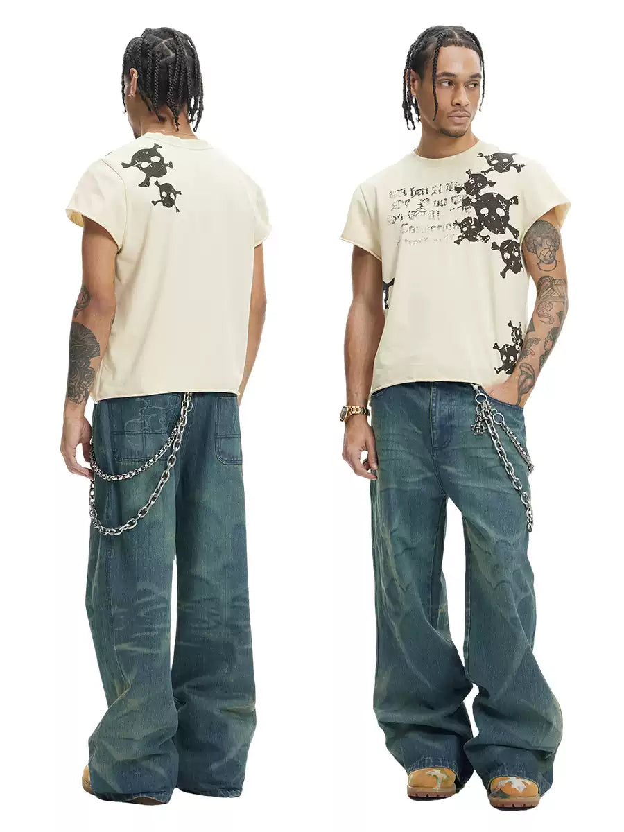 Laser Burning Ocean Straight Leg Jeans - image 4 of 5