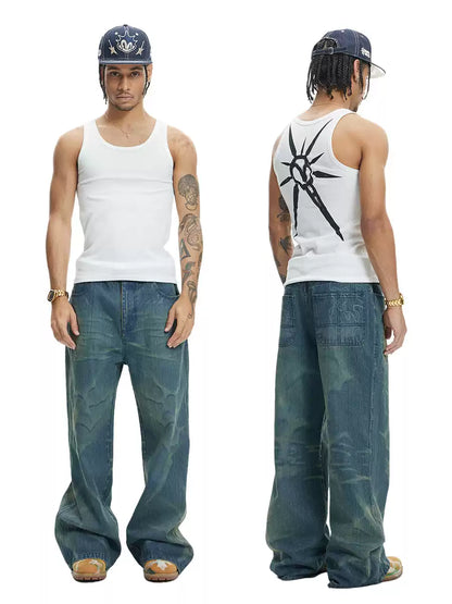 Laser Burning Ocean Straight Leg Jeans - image 5 of 5