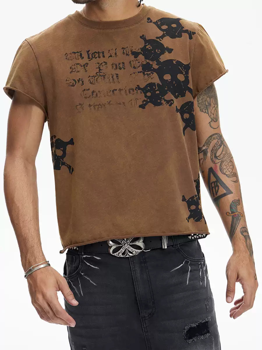 Multi Skulls Distressed Rolled Sleeve Tee - image 3 of 5