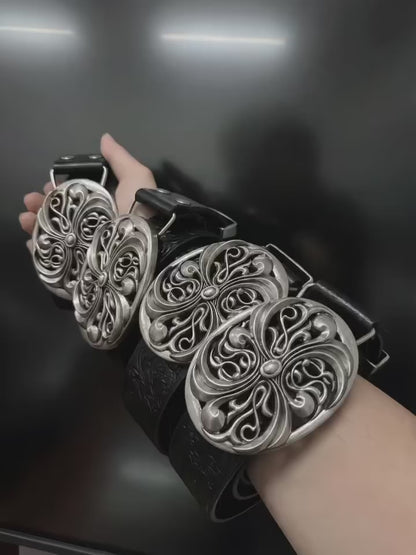 Chrome Acanthus Carved Leather Belt