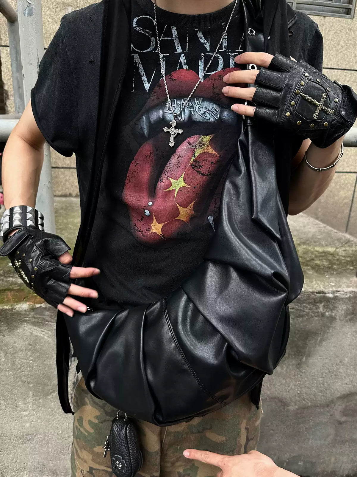 Punk Grailz Rolling Tongue Graphic Distressed Cut-Off Tee - image 2 of 3