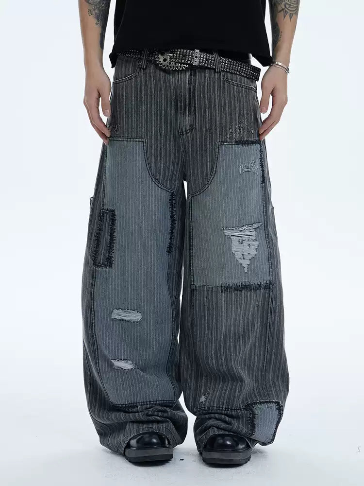 Striped Patchwork Distressed Carpenter Pants - image 1 of 6