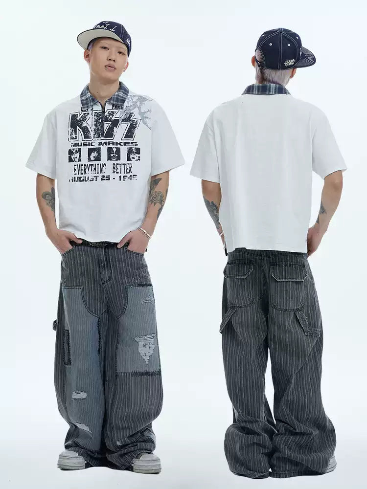 Striped Patchwork Distressed Carpenter Pants - image 4 of 6