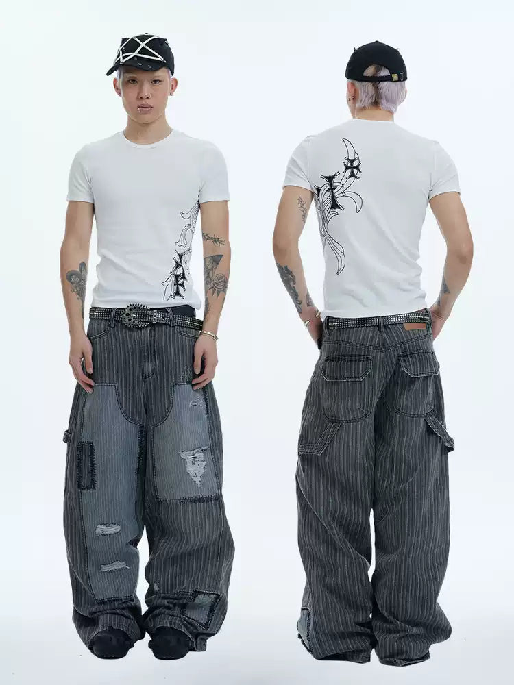 Striped Patchwork Distressed Carpenter Pants - image 5 of 6