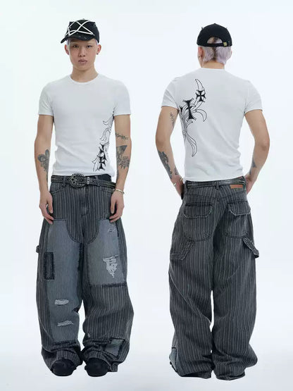 Striped Patchwork Distressed Carpenter Pants - image 5 of 6