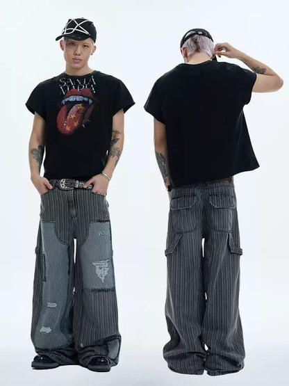 Striped Patchwork Distressed Carpenter Pants - image 6 of 6