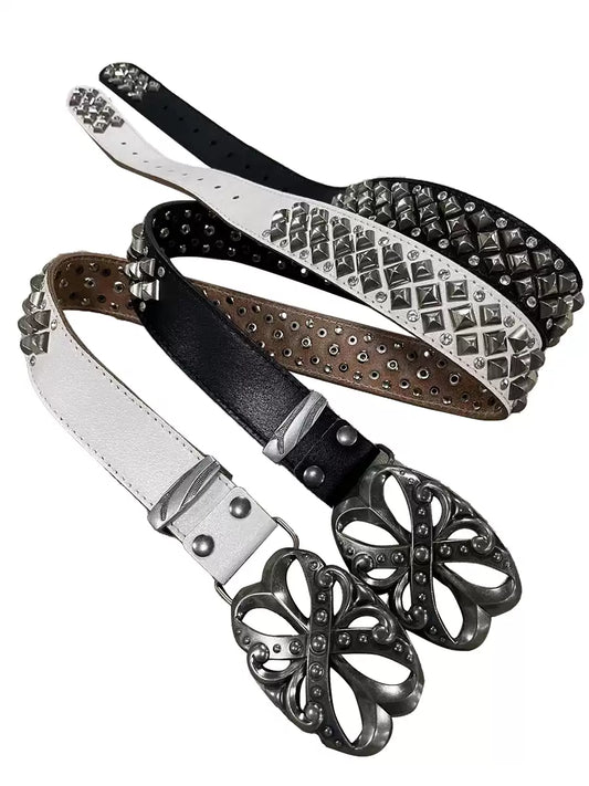 Studded Rhinestone Carved Buckle Leather Belt - image 1 of 6